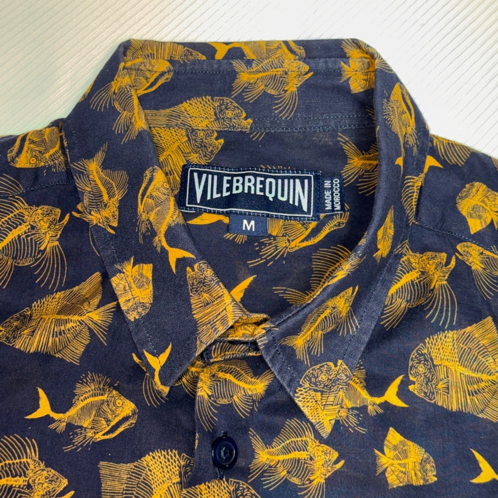 Vilebrequin Mens Navy Yellow Fish Skeleton Print Cotton Button Down Shirt M - Picture 4 of 11